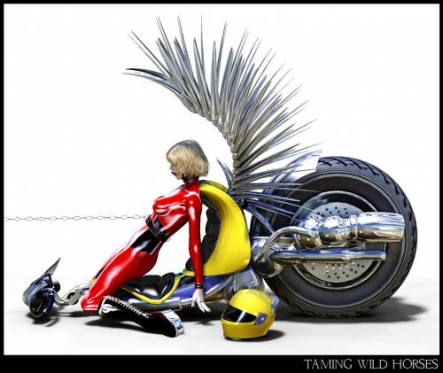Wallpaper image: TAMING WILD HORSES, Science Fiction, 3D Digital Art, Science fiction Woman motorbike driving, leaning, bike, stockings, moped, seated, woman, person, human, female, sitting, high heels, handlebars, style, young adult, scooter, fashion, transportation, riding, fantastic sci-fi.