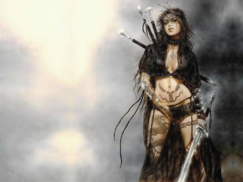 Wallpaper image: Subversive v1, Fantasy Art, 2D Digital Art, Legend enchanted female, pose, young, magic dangerous pretty, casual, posing, brunette, studio, sexy, top, girl, seductive, woman, standing, Caucasian, fashion, attractive, model, soldier blade destructive treacherous fairytale Warier sword aggressive.