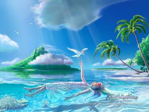 Wallpaper image: Celestial exploring v2, Fantasy Art, 2D Digital Art, Cosmos bird island cloud girl space outer space universe atmosphere animals youngster child stream Sea the deep young woman marine water Mountains peak mountain ocean maritime the blue atmosphere Sky the heavens air space.