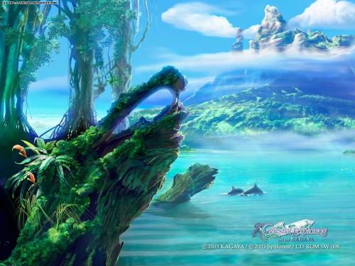 Wallpaper image: Synforest image1, Nature, 2D Digital Art, Tranquil, hills, peaceful, clouds, blue sky, island, calm, water, horizon, vast, ocean, skyline, placid, sky, natural, harmony, blue, hues, sea, clear, bright, mountain, unanimated, expanse, harmonious, serene, tropical.
