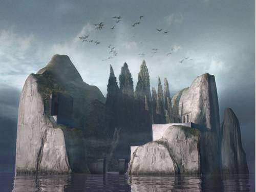 Wallpaper image: Unspecified digital art image, Nature, 3D Digital Art, Fantasy island surreal landmark, fortress, nobody shade forest loneliness, mystic, walls, architecture darken haze water, ancient, entrance, cathedral, historical, Palace, earthen. Computer image 3d digital art wallpaper free fantasy art 3d art wallpaper.