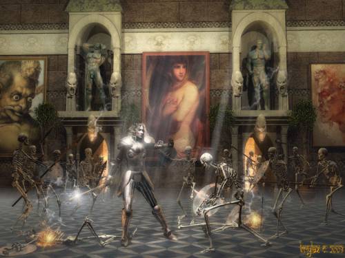 Wallpaper image: Hall, Fantasy Art, Mixed Media, Fantasy dream medieval, middle Ages, daydream honor, adult, long hair, vision fairytale. Renaissance, warrior, Male, visualization armor, knighted, kneeling, knight, man, sword, one person with others, individual, studio shot, actor, historical, person.