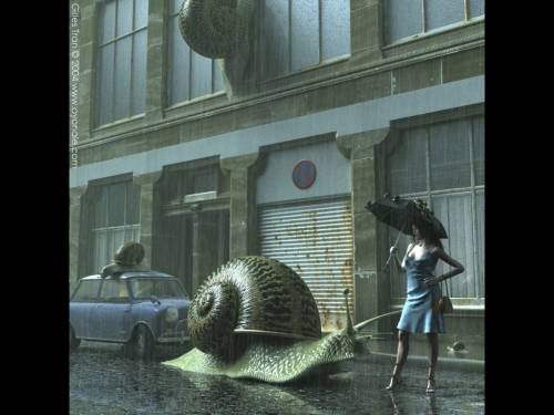 Variations - 9 seasons - desktop wallpaper 1024 x 768 pixels Wallpaper image: Variations - 9 seasons, Surreal Art, 3D Digital Art, Rain scene: snail modeled in Cinema 4D and textured with Bodypaint. It's my first true C4D model and it can be somehow animated. The rain effect is post-processed, by layering the rain on the image, though the rain layer itself was created in POV-Ray.