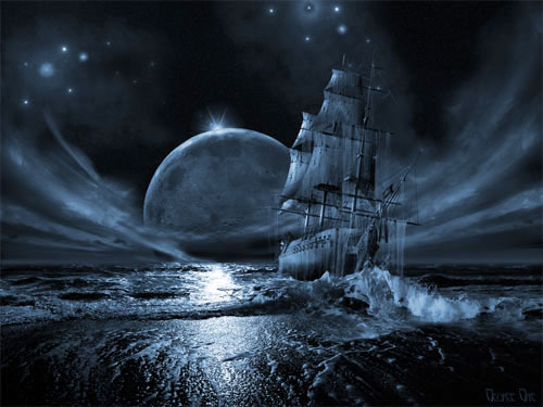 Wallpaper image: Ghost ship series: Full moon rising, Fantasy Art, Mixed Media, Flying Dutchman Ghost ships pirate phantom boat supernatural spirit vessel, Dark mystery poltergeist sailboat romantic painting, silhouette, light, surrealism solitude, ocean water sea dusk, sky stars moonlight, isolation, moon sacred inspirational.