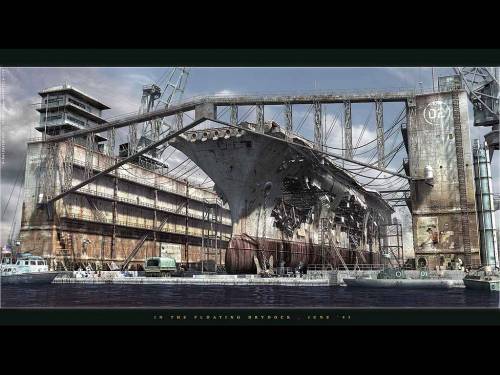 Wallpaper image: Floating Drydock 1943, Mixed Style, 3D Digital Art, Digital image, 3d art computer artwork, modern digital, industry, red, metal, daylight, day, hull, outdoors, ship, industrial, people, outside, working, dry dock, workers Daytime, steps, steel, front view, bow, ship building, construction.