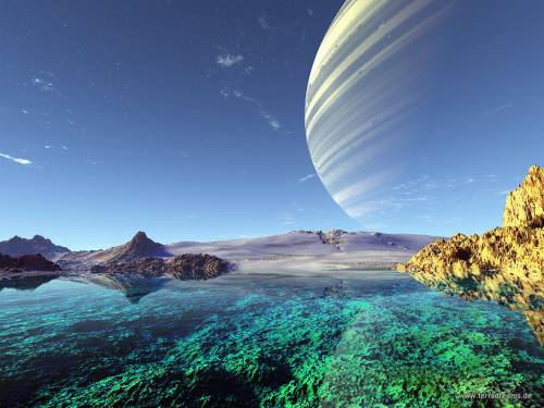 Wallpaper image: Unspecified digital art landscape, Science Fiction, 3D Digital Art, Landscape scenery Sky the deep marine ocean the blue Cosmos space outer space atmosphere the heavens air space countryside land scene backdrop universe planet world globe Mountains peak mountain mass cliff rocks Sea maritime aquatic.