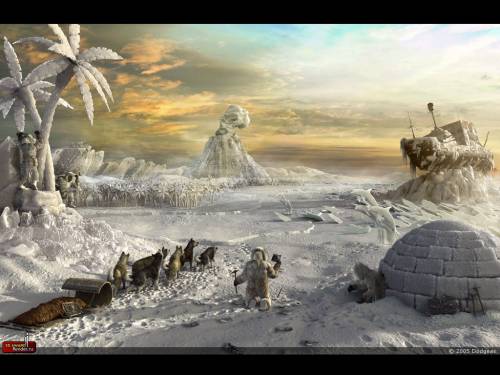 Wallpaper image: Terra Nova snowscape, Surreal Art, 3D Digital Art, Snowscape ship dolphins ice Fantasy vision frost sledge palm tree sky, daytime, nature, scenery, the skies, outside, snow covered, igloo winter, snow covered Exploration, scenic, toboggan dogs season men hills, sleigh, daylight, day, outdoors, snow.