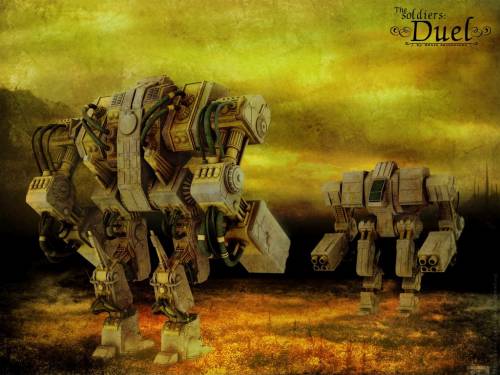 Wallpaper image: The solders: Duel, Science Fiction, Mixed Media, Military robot, fantastic martial android armed forces automaton Landscape scenery, countryside land scene gunfight sci-fi fiction imaginary combat clash wilderness inventive Science fiction fight armed machine battle.