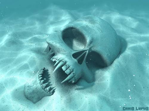 Wallpaper image: Elder Secret, Fantasy Art, 3D Digital Art, Fantasy dream visualization, skeleton undersea dream visualization jaw underneath, bones submarine jawbone beneath, daydream Scull underwater vision fantasical teeth bottom.