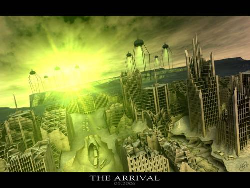 Wallpaper image: The arrival, Science Fiction, Mixed Media, Destruction, architecture, decay, detonation outburst Science fiction explosion fantastic daytime, skyline, damaged, ruins, city, destroyed, urban, building, crumbling, debris Buildings, steel, contemporary blast, daylight, day, outdoors.