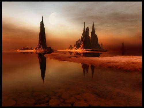 Wallpaper image: Ruins of the Third System, Nature, 3D Digital Art, Fantastical dream wilderness, crimson mounting, sunset horizon, mountain, nature, Red rising, trees, reflection, hills, sky, burgundy growing, clouds, evergreen Landscape scenery, water, view, Fantasy vision Mountains peak mass cliff rocks.