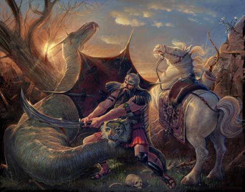 Wallpaper image: Rostam, Fantasy Art, 2D Digital Art, battle, dragon, knight