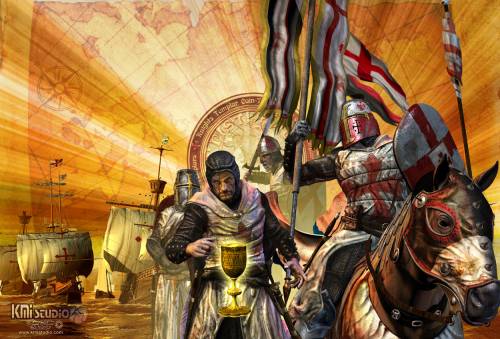 Wallpaper image: The Mystery of the Templars, Fantasy Art, Mixed Media, Crusade, knights, Templar, ships, relic, artifact, horse, military, holy grail.
