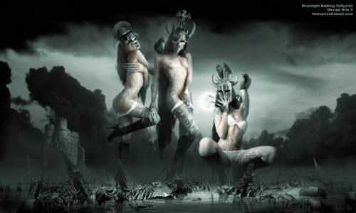 Wallpaper image: Moonlight Bathing Valkyries: Gods and Heroes series, Fantasy Art, 3D Digital Art, Surrealism art Goth Valkyrie mythology medieval history Scandinavian Valkyries supernatural Gothic fantasy landscape female creature evil predator beauty killer warrior undressed cadaver outline darkness scull skeleton swamp bones mire carcass.