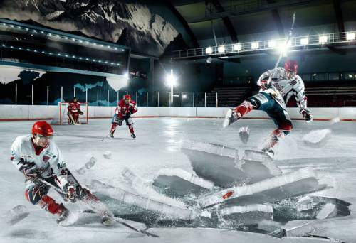 Wallpaper image: Amusement hockey, Mixed Style, Photo Manipulation, color, vertical, outdoors, copy space, two people, boys, boy, male, teen, Caucasian, playing, ice, play, game, winter, winter sport, sports, sport, hockey, players, player, uniform, lifestyle, recreation, leisure, ice skates, hockey stick, team, skating,