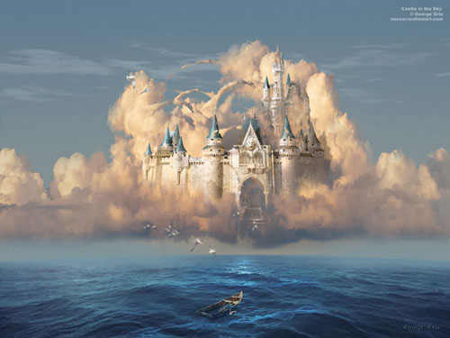 Wallpaper image: Castle in the Sky or Clouds of Shattered Dreams, Surreal Art, Photo Manipulation, heaven, mist, tales, empty boat, dream, stairway, sky, fictional, waves, magic, blue, seagulls, digital, fairy-tale, art, sea, manipulation, fantastic, cloud, amazing, castle, fantasy, misty, colors, mystical, scene, shuttered, particles, flying away, art