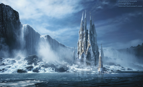 Wallpaper image: Gothic fantasy or Expiatory temple, Surreal Art, 2D Digital Art, Gothic art fantasy art gothic artwork wallpaper gallery backgrounds, landscape waterfall castle temple snow cathedral surreal digital surrealism neo artist matte painting, scenery cascade, scene falls palace sanctuary snowstorm, panorama flow river water.