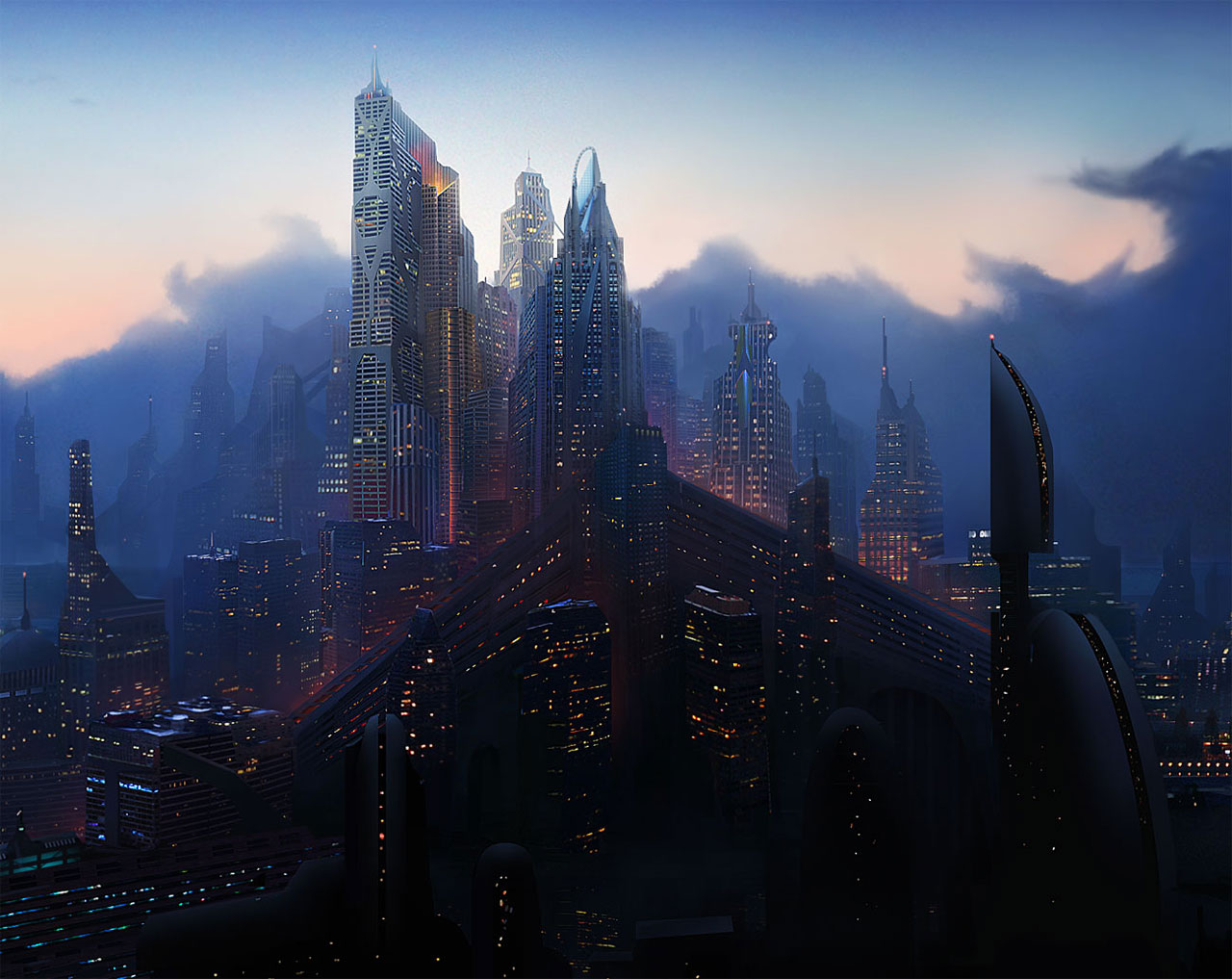 Free computer desktop wallpaper:Downtown, matte painting, Mixed Media, Science Fiction, Here is my latest animation. I was after painterly look so I have painted almost everything except of 3d elements. I wanted to explore combination of 2.5d matte painting and full 3d. It took me about 2 weeks full 3d part rendering almost 2 days.