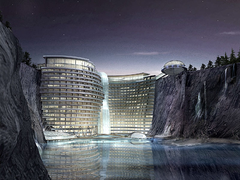 Free computer desktop wallpaper:Abandoned Quarry Hotel, 2D Digital Art, Science Fiction, Imagine a flooded opencast quarry near a bustling city. It's not normally the sort of place you'd expect for a luxury hotel but British design firm Atkins have come up with a solution for what is one of the largest holes in the ground in China reaching...