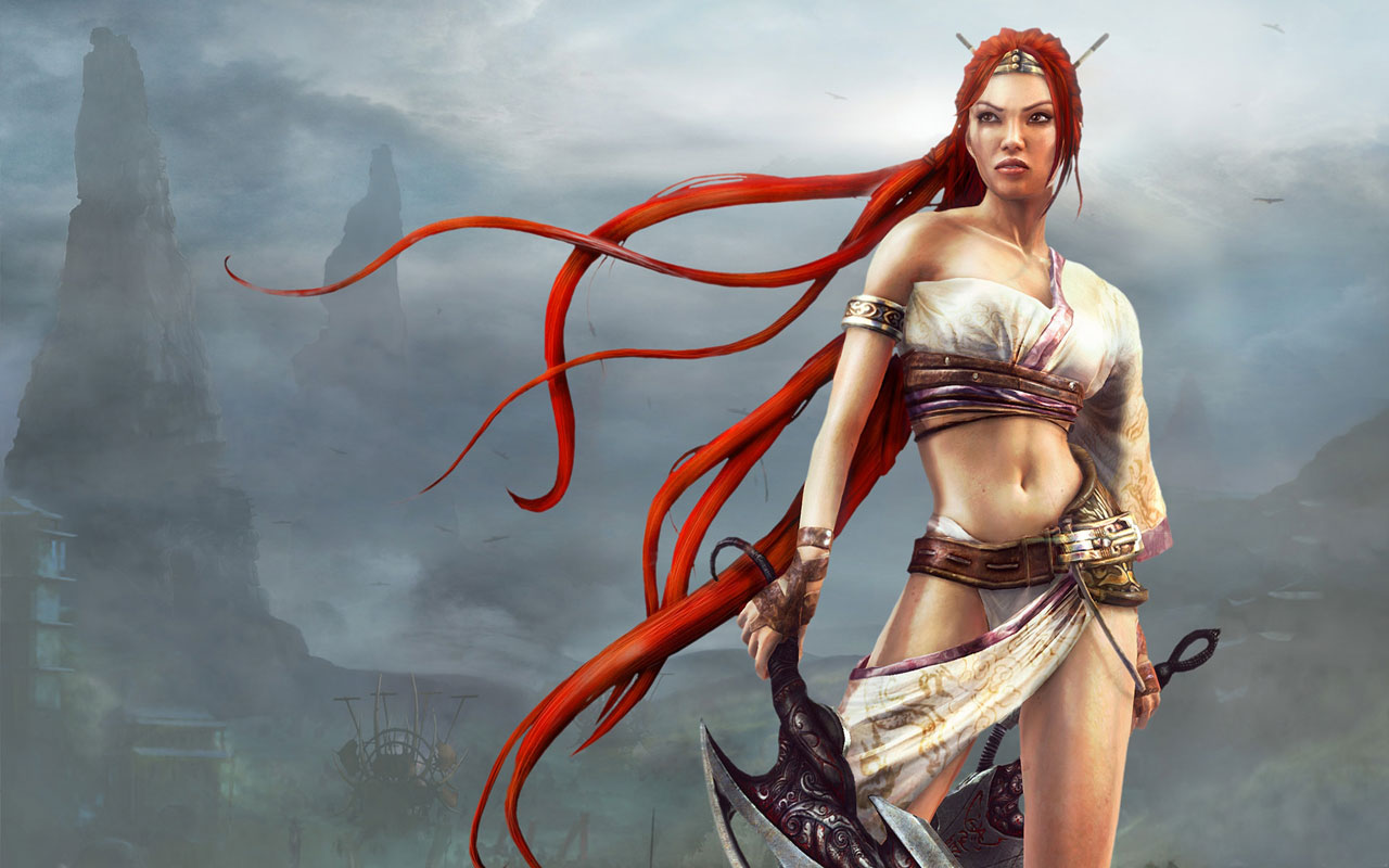 Free computer desktop wallpaper:Heavenly Sword image4, 2D Digital Art, Science Fiction, Nariko's clan is assaulted by the first strike of King Bohan's forces. Before she joins the fight, Shen thrusts the sword into the ground next to her demanding that she take care of it. Nariko fights alongside her father and her clansmen.