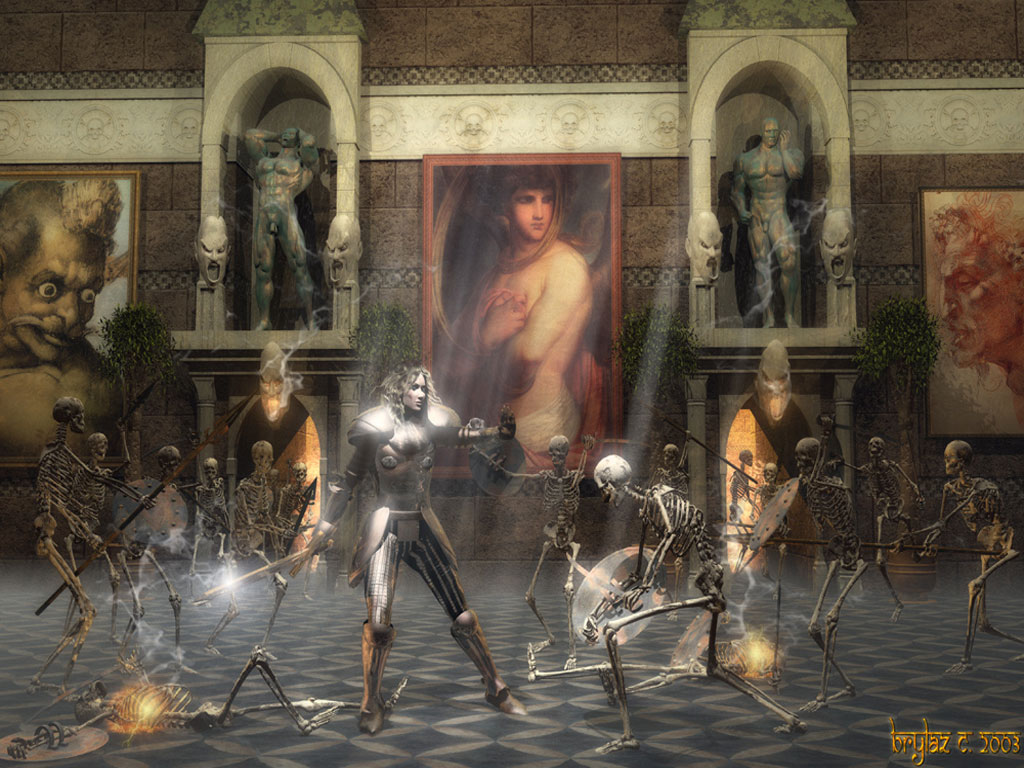 Free computer desktop wallpaper:Hall, Mixed Media, Fantasy Art, Renaissance, warrior, Male, man, sword, one person with others, individual, studio shot, actor, historical, visualization armor, knighted, kneeling, knight, person. Fantasy dream medieval, honor, adult, long hair, middle Ages, daydream vision fairytale.