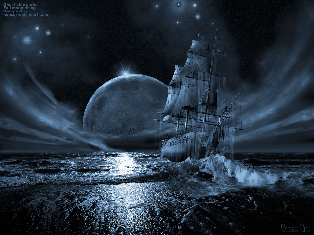 Free computer desktop wallpaper:Ghost ship series: Full moon rising, 3D Digital Art, Fantasy Art, You might not be aware that ghost ships have existed for centuries. Some ghost ships supposed to be crewed by the dead, while some ghost ships are real ships that have disappeared or sunk tragically. Full Moons associated with temporal insanity.