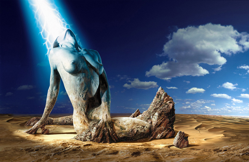 Free computer desktop wallpaper:Rising from the Stone, 2D Digital Art, Fantasy Art, A fusion of contrasts. A metamorphosis between the hard, cold, lifeless stone (the rock) and the soft, warm, living flesh (the woman's body), all of it brought about by a godly power of light: from stone to flesh to pure energy.