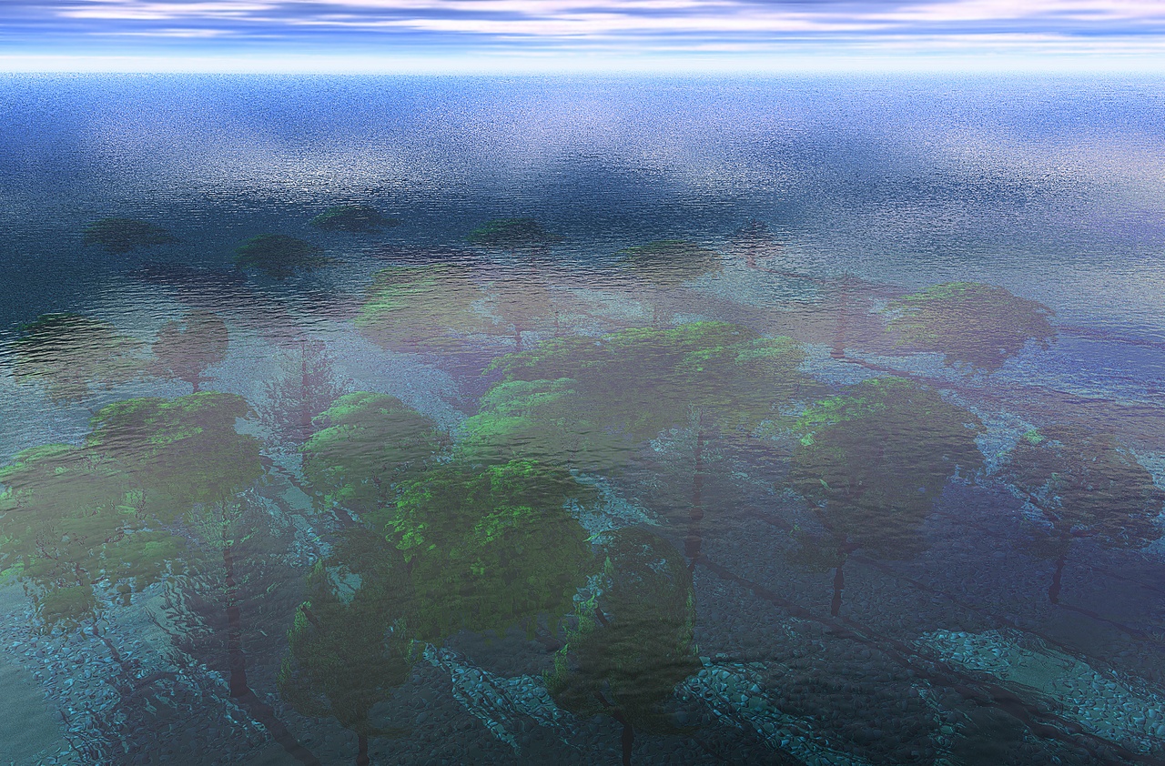 Free computer desktop wallpaper:Underwater trees, 3D Digital Art, Nature, Fantasy vision fantastical visualization dream, Creative original imaginative artistic, Sea the deep marine ocean maritime aquatic water.