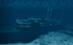 Deep-blue mystery underwater shipwreck, Surreal Art, 3D Digital Art graphic design