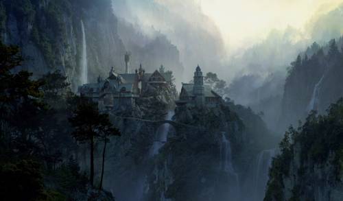 Wallpaper image: The Lord of the Rings: The Two Towers, Fantasy Art, 2D Digital Art, Castle palace waterfall Skies, Fairytale Digital Computer image Mountains fortress stronghold Cloud shade myth legend enchanted magic darken folk tale, Landscape scenery matte painting countryside land illustration mountain mass Fantasy PhotoShop.