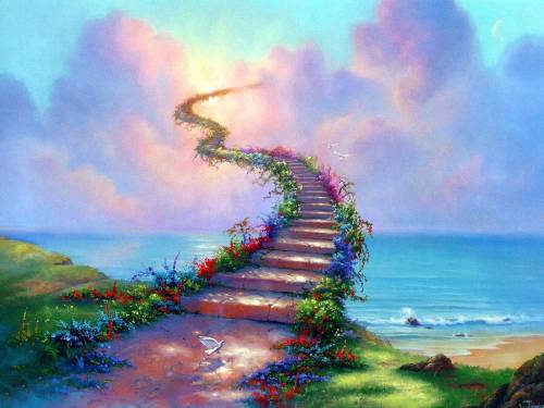 Wallpaper image: Stairway to Heaven, Nature, Mixed Media, Fine-art painting relaxing, traditional pencil drawing classic art illustration oil canvas, Fairytale fairy story myth legend Surrealistic enchanted magic phantasmagoric incongruous imagery phantasmagorical, Surreal visionary contemporary surrealist art.