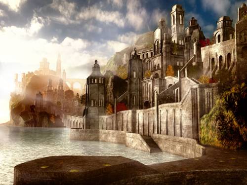 Wallpaper image: Unspecified artwork, Mixed Style, 3D Digital Art, City, architecture citadel outside, perspective, old fashioned, daytime, water, copy space, River, town, infrastructure, Germany, structure, low angle, daylight, day, outdoors, German, Europe, Heidelberg, bridge, old-fashioned Castle building palace.
