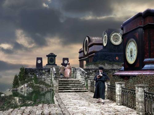 Wallpaper image: The hands of time, Surreal Art, Mixed Media, Landscape countryside land scene backdrop bricks clocks scenery neo-surrealism old surrealism neo surrealist artist visionary Sky the blue atmosphere historic air people surreal.