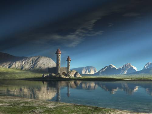 Wallpaper image: Unspecified digital art landscape, Fantasy Art, 3D Digital Art, View, lake, UK, destination, building, high angle hills, castle, daylight, daydream vision visualization United Kingdom, Great Britain, nobody, day, outdoors, fortress, Europe, outside, Scotland shore, scenic, water, daytime, Fantasy dream.