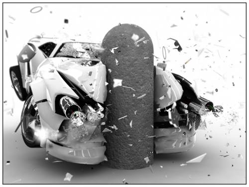 Wallpaper image: Oops, Mixed Style, 3D Digital Art, Car crash vehicle, dirt, monochrome, auto smash into outdoors, disassembled, accident, car, truck, sports car bump into transportation, sedan collapse taken apart, parts, outside, crash, picked, field automobile collide.