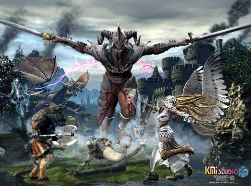 Wallpaper image: Titan, Fantasy Art, Mixed Media, Titan, fantasy, angle, dragon, minotaur, castle, battle, swords.